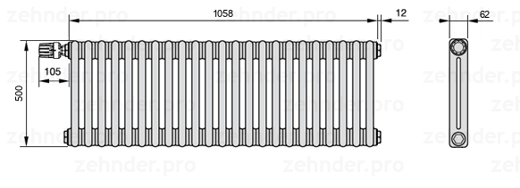 Схема (чертеж) Радиатор Zehnder Charleston 2050/23 №V012 Белый глянцевый RAL 9016